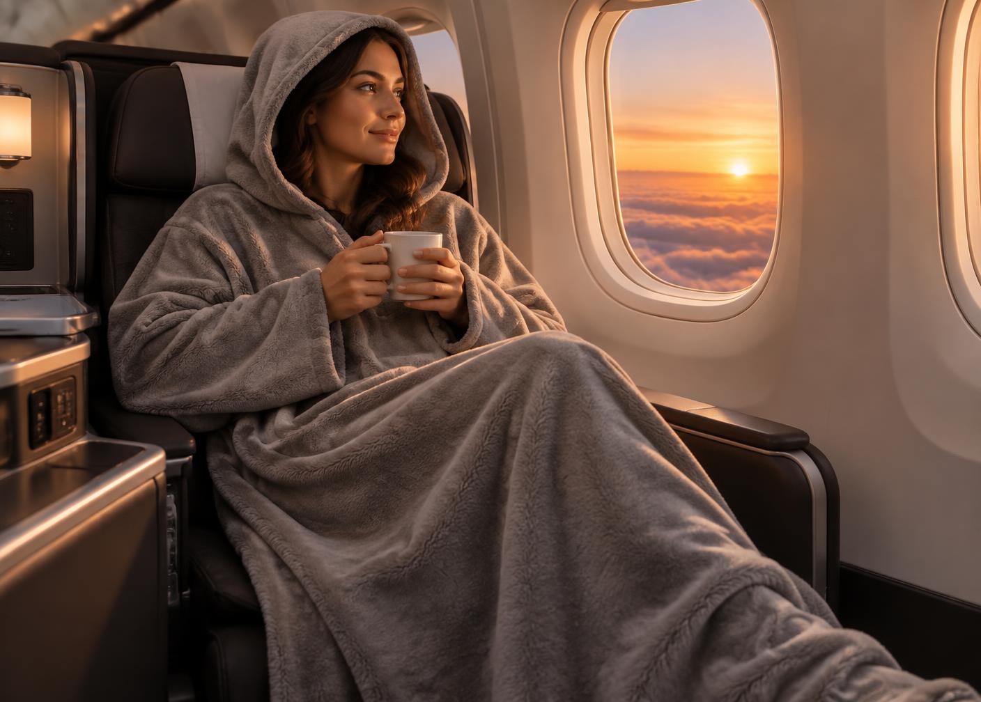 Traveller wearing the CloudCocoon hooded wearable blanket in a plane seat